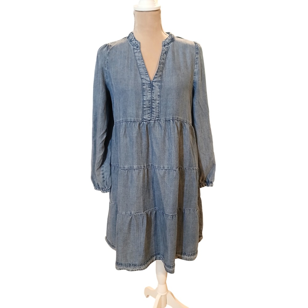 Womens Small Tiered Chambray Denim Dress Casual Long Sleeve V-Neck Blue Western